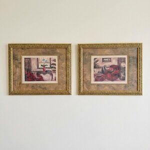 Set of 2 Framed Art Prints – Cozy Living Room Scenes, Gold Ornate Frames